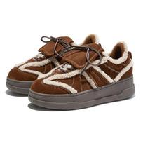 Genuine Leather Fleece-lined Sneakers Women Fashion Lace Up Sewing  Derby Shoe Comfortable Non-Slip Winter Women Sneaker 35