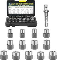 3/8” Drive Impact Bolt Nut Extractor Set, 13 Pcs Lug Nut Remover Kit 1/4”-3/4” Twist Socket Tool Set with a 1/4” Hex Drive to 3/ A