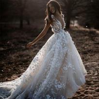 Women White 3D Floral Lace Deep V Sheer Tulle A Line Wedding Dress Spring Elegant Bridal Train Maxi Gown Formal Wedding Guest Evening Party Dress S