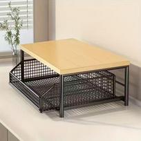 1pc Metal & Wood Microwave Oven Rack with Pull-Out Drawer – Multi-Layer Countertop Organizer for Coffee Makers, Tableware