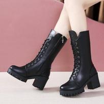Elegant Heeled Lace up Fleece Lined Autumn Winter Half High top for Women Black Leather New Goth Y2k Mid Calf Woman 38