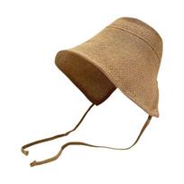 Big Wide Brim Linen Straw Bonnets Lace Up Closure Geometric Pattern Cloche Hat Adjustable Straps Round Top Straw Woven Hat Beach