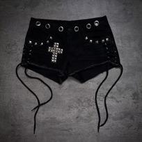 Y2K Gothic Cross Rivet Lace Up Denim Shorts Women Punk Raw Hem Low Waist Mini Shorts S