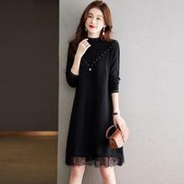 Lace Knitted Dress for Women In Autumn and Winter Large-sized Half Turtleneck Knitted Sweater Loose Mid-length Sweater Dress S