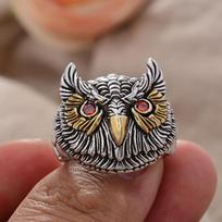 2023 New Design Vintage Owl Animal Red Crystal Eyes Thai Silver Man Ring Wholesale  Cheap Gifts resizable