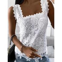 White Women's Blouse Summer New Square Collar Lace Sleeveless Loose Casual Shirt Women Elegant Vintage Solid Color Office Lady Blouses Tops Clothing S