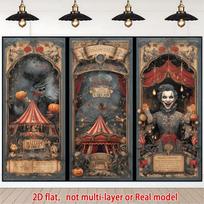 2D Vintage Halloween Circus Backdrop Set Creepy Clown Skeleton Carnival Wall Art 70.9x43.3inch/180*110cm gray