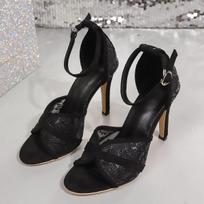 Large Size Women's Shoes Fish Mouth Fine High Heels Mesh Hollow Out Open Toe Buckle Hollow Solid Color Sandals 35 juoda