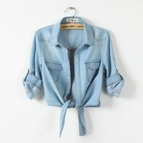 Korean Style Women's Lace-Up Denim Shawl Jacket with Mid-Sleeves S