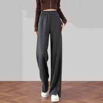 Women's Plus Size Fleece Lined Herringbone Wool Straight Leg Pants - High Waist, Versatile Autumn/Winter Casual Wide Leg L (80-110 lbs) black
