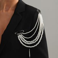 Vintage Pearl Chain Safety Pin Brooch, Multi-layer Tassel Lapel Women's Pin, Elegant Suit Jewelry gray
