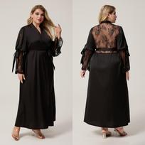 Yaoting Satin Chiffon Lace-Trim Plus Size Women's Robe - Long Sleeve Spring/Autumn Pajamas, CP3815 4XL