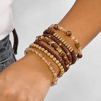 Bohemia Hand  Summer Beach Wristband Women 7Pcs Brown Gold Beaded Bracelets Set with Tiger Eye Stone & Crystal Charms ruda