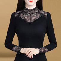 High-neck Lace Base Top for Women with Latest Black T-shirt Plus Velvet Thickened Long-sleeved Mesh Top M
