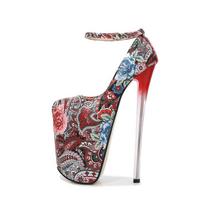 New outer height thin heel 22cm catwalk, fake lady large size 40-42, letter ethnic style women's shoes high heels 34 raudona