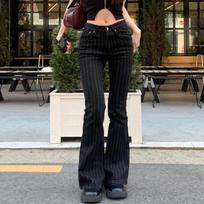 VibeStreet 2000s Clothes Y2k Low Rise Boot Cut Jeans Woman Casual Black Striped Denim Trousers Streetwear Flare Pants S