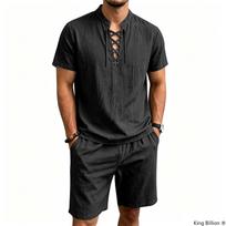 Men's White Linen 2-Piece Set: Lace-Up V-Neck Short Sleeve Top & Shorts. Lightweight Summer Beach Vacation Outfit. S
