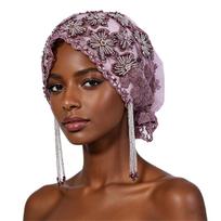 Turban Hat for Women Lace Bead Muslim Hijab Beanie Cap Floral Embroidery Beaded Headwrap Cover Female Shinny Bonnet Hat With Beaded Tassel Head Wraps one size