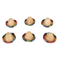 6Pcs Mini Sombrero Straw Hats 3.7in Diameter Mexican Style Wide Rim Bright Colors Mini Straw Hats for Decoration DIY beige