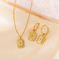 Fashion New Zircon Square Pendant Necklace Earring Set Gold-Plated Stainless Steel  Sets Suitable For Party Gifts