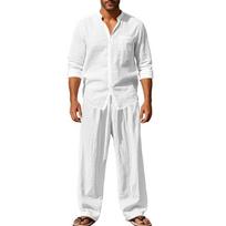 Four Seasons Linen Mens Casual Relaxed Breathable Long Sleeve Shirt Pants Set Beach Holiday Fashion Two Piece Outfit S balta