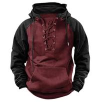 Autumn Winter Fashion Mens Hooded Sweatshirts Lace-Up Drawstring Long Sleeve Loose Hoodies Men Streetwear Vintage Patchwork Hoodies M