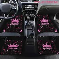 4 vnt. Princesės stiliaus automobilio grindų kilimėliai, rožinė karūna, gėlių raštas, prabangus dizainas, pavasario, vasaros kelionėms 4PCS black