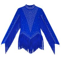 Merginų kutų lotynų šokio triko su aukšta apykakle, ilgomis rankovėmis, iškirpte nugaroje, blizgančiais kalnų krištolais ir kutais 5-6 Years mėlyna