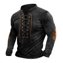 Men's Vintage Outdoor Sports Long Sleeve Top Lace-Up Stand Collar Shirt XXXL