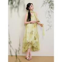 Sancai New Chinese Style Sleeveless Ruffle Maxi Dress S