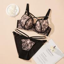 Large size underwear women's big breasts show small anti-sagging gathering set mesh full cup fat M bra 75D
