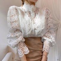 Vintage Solid White Lace Blouse Shirts Women Korean Button Loose Shirt Tops Female Hollow Casual Ladies Blouses Blusas XXXL