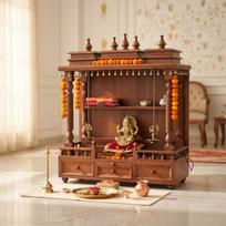 Wood Wall Mandir Temple | Home Decor Religion Temple Idol-Wood Mandir with Bells and Storage  Traditional Home Temple Design for Prayer