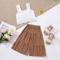 Summer Girls Clothing Sets Casual Style Floral Lace Sleeveless Crop Tops+Wide Leg Pants Baby Clothes Children Kids Outfits 110