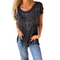 Yousheng Women T-shirt Round Neck Short Sleeve Tee Shirt with Hot Rhinestones Printing Tassel Hem Solid Color Pullover Tops Daily Wear 3XL juoda