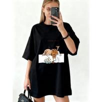 Oversized T Shirt Black Sleeping Tiger And Mouse Print With Text 5 Months More Casual Wear For Women S juoda