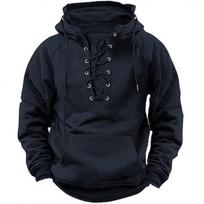Men's Black Lace-Up Hoodie Casual Long Sleeve Sweatshirt with Kangaroo Pocket S