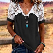 Women Short Sleeve Lace Patchwork Casual Top V Neck Loose Fit Blouse Lightweight Comfortable Summer Shirt for Daily Wear XXL