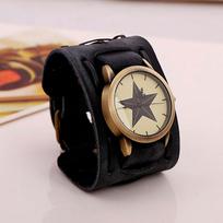Retro Wide Cow Leather Bracelet Watch Vintage Men Wrist Watches Casual Big Star Quartz Watch Clock Relogio Reloj Dropship