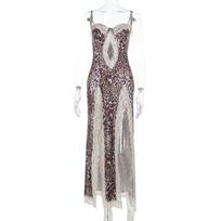 Women European Style Lace Slit Leopard Print High Waist Suspender Long Dress S