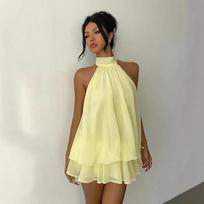 Women's Sexy Halter Neck Backless Mini Dress Lemon Yellow Chiffon Ruffled Tiered Tie Waist Sleeveless Vacation Party Dress XS geltona