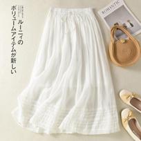summer new large size literary solid color cotton and linen drawstring elastic waist medium and long skirt women's hem lace skirt M balta