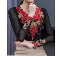 Women's Spring Lightweight Lace Top with Stretch Low Neckline, Slim-Fit and Flattering Mesh Overlay 4XL