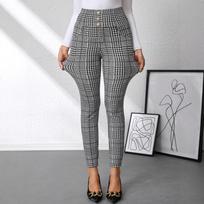 Moteriškos tamprės Elegantiškos languotos su sagų dekoracija Juodos baltos Aukšto juosmens Slim Fit Megztos kelnės M tamsiai pilka spalva