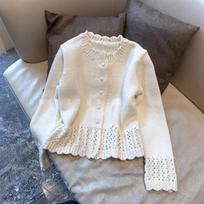 French Hollow Lace Round Neck Single-breasted Knitted Cardigan for Women in Autumn and Winter Gentle Style Loose Short Sweater Jacket Onesize