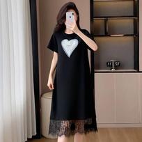 Women's Summer Heart Print Lace Hem T Shirt Dress Casual Nightgown M