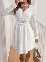 Elegant Women Solid Color Lace Patchwork Mini Vacation Dress Scallop Hem Sun Dress Mature Style French Retro Slim Sexy Elegant Women Maxi Dress S