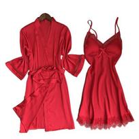 Nightgown And Robe Sets for Women Lace Trim Mini Sleepdress And 3/4 Sleeve Bathrobe 2 Piece Pajamas Set Sexy Chemise Bride Sleepwear M