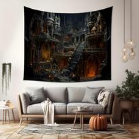Tamsaus fantazijos pilies gobelenas, požeminis kalėjimas su laiptais ir fakelais, paslaptingos griuvėsių sienos dekoracija svetainei, miegamajam 150x200cm59x79in black