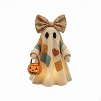 Specter Figurine with Pumpkin Lantern Halloween Tabletop Decoration for Female Bow